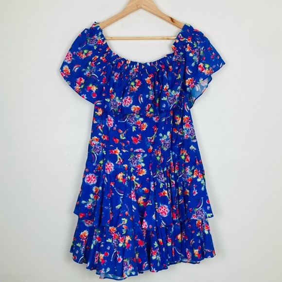 Caroline Constas Revolve Serena blue floral off the shoulder ruffle dress. Med - Picture 5 of 6
